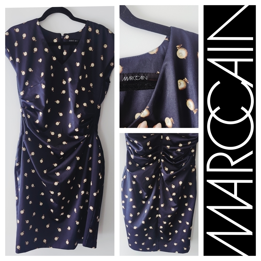 NWT MARC CAIN Navy Dress Size N5 Large/US 12 Pearl Polka Dot Print Draped Waist